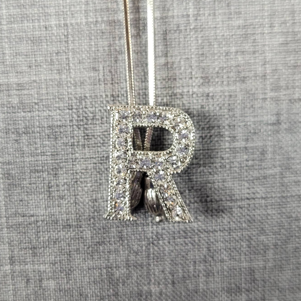 Silver Tone Initial Letter "R" Rhinestone Pendant Snake Chain Necklace - Picture 7 of 7